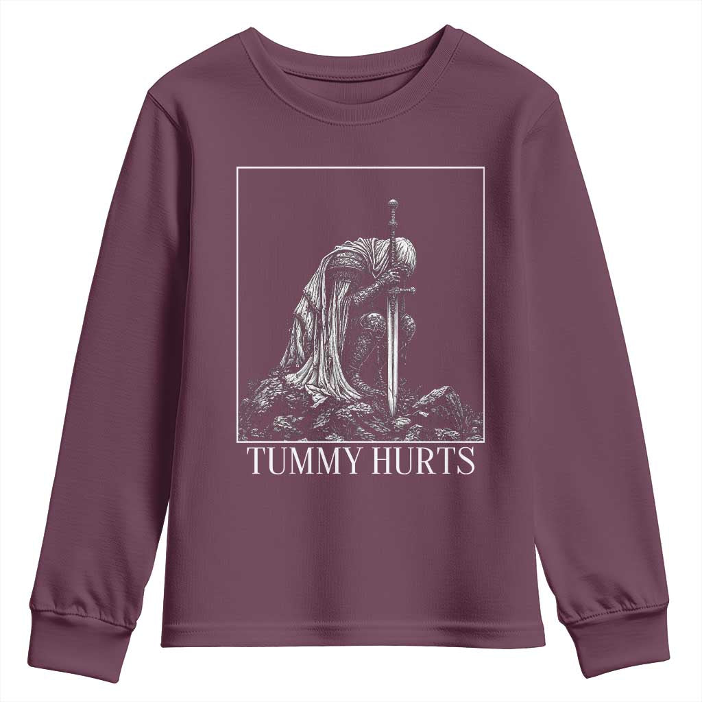 Dramatic Tummy Hurts Kneeling Knight Graphic Youth Sweatshirt Funny Medieval Sarcastic Renaissance Fantasy Meme