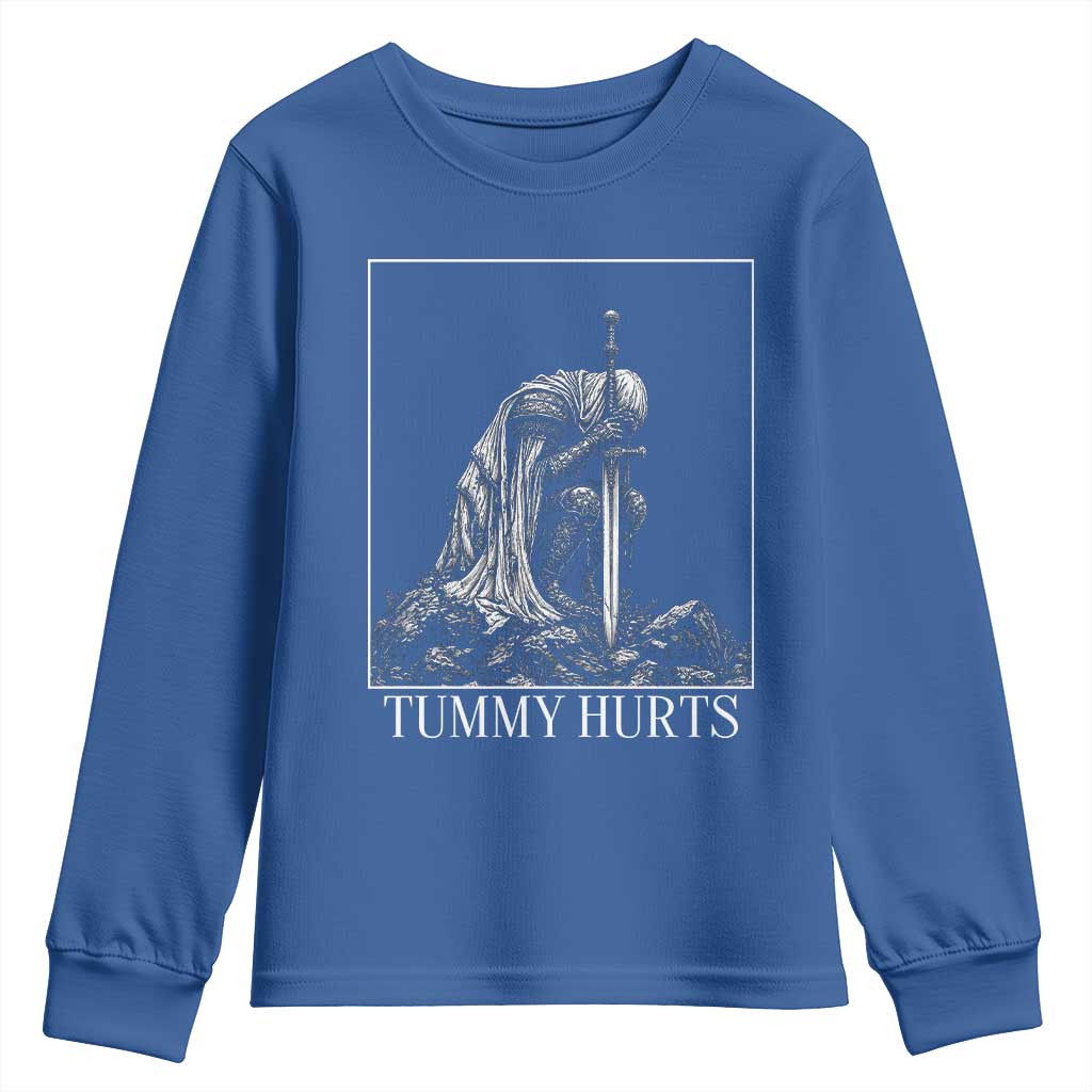 Dramatic Tummy Hurts Kneeling Knight Graphic Youth Sweatshirt Funny Medieval Sarcastic Renaissance Fantasy Meme