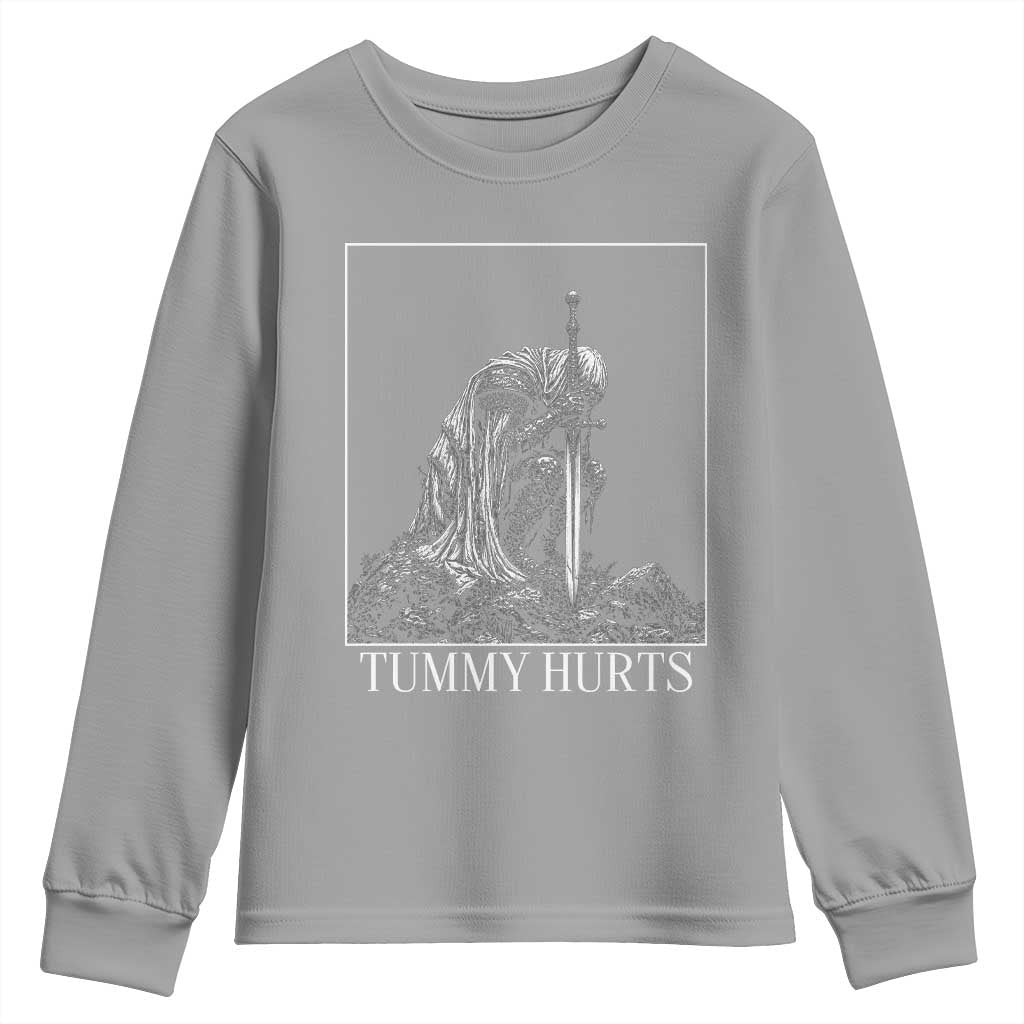 Dramatic Tummy Hurts Kneeling Knight Graphic Youth Sweatshirt Funny Medieval Sarcastic Renaissance Fantasy Meme