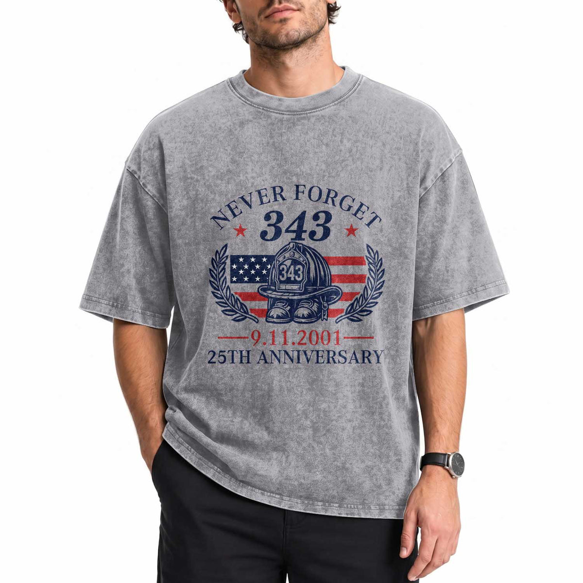 Firefighter Memorial Never Forget 343 Washed Cotton T-Shirt 25th Anniversary Patriotic Honor 9 11 Tribute
