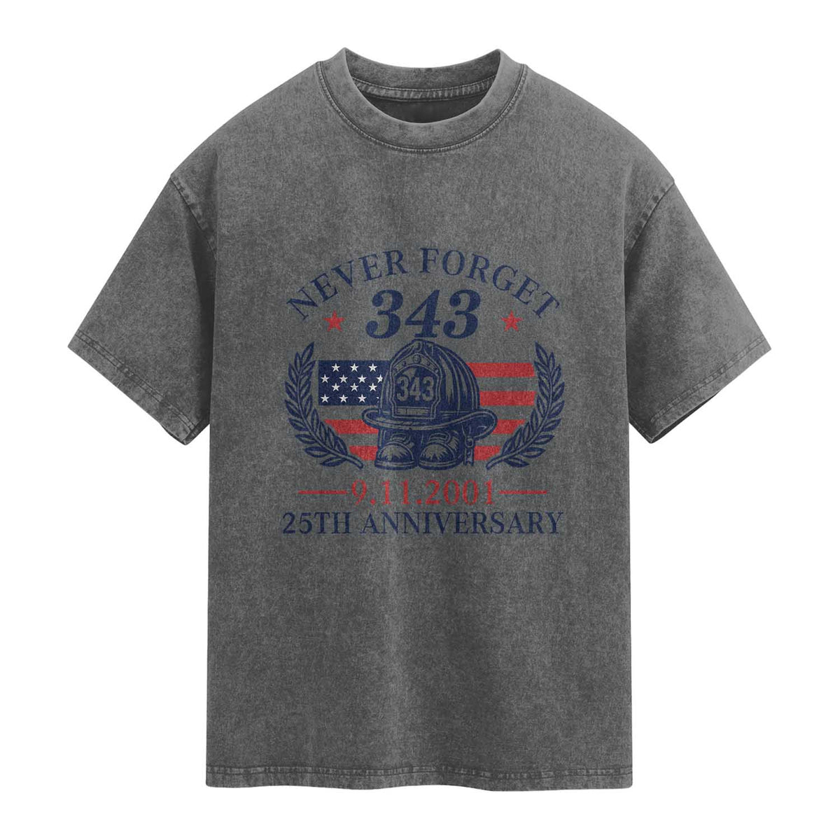Firefighter Memorial Never Forget 343 Washed Cotton T-Shirt 25th Anniversary Patriotic Honor 9 11 Tribute