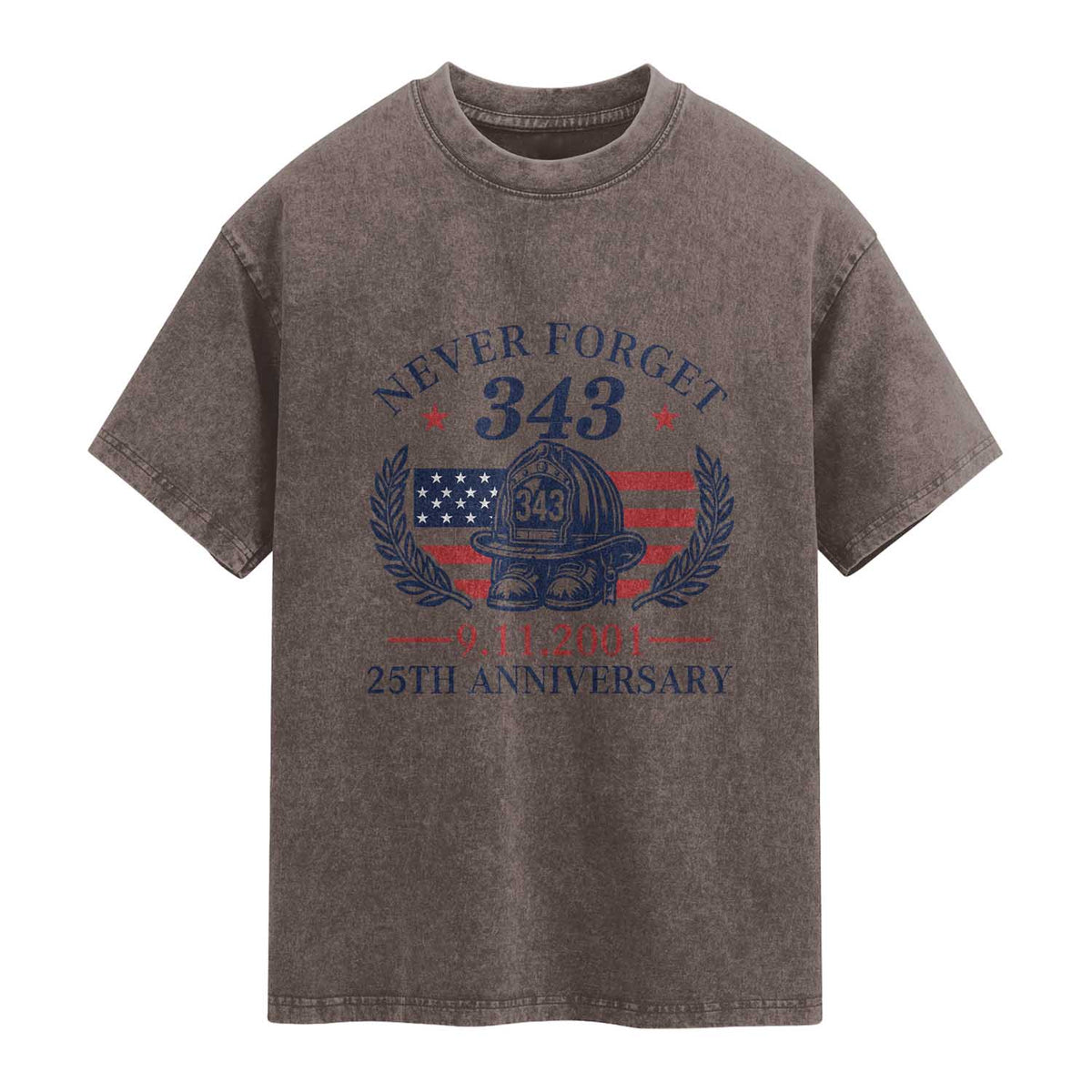Firefighter Memorial Never Forget 343 Washed Cotton T-Shirt 25th Anniversary Patriotic Honor 9 11 Tribute