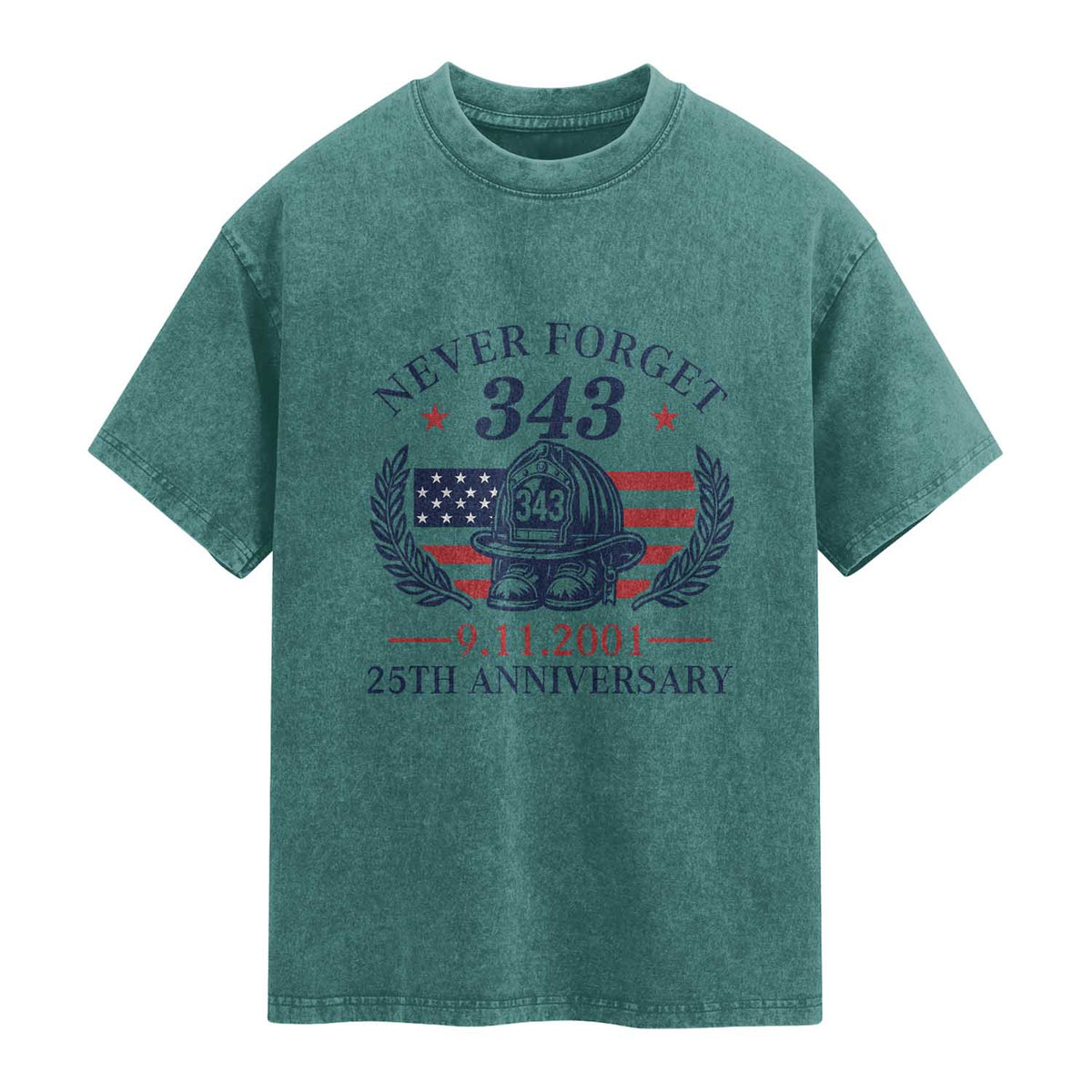 Firefighter Memorial Never Forget 343 Washed Cotton T-Shirt 25th Anniversary Patriotic Honor 9 11 Tribute