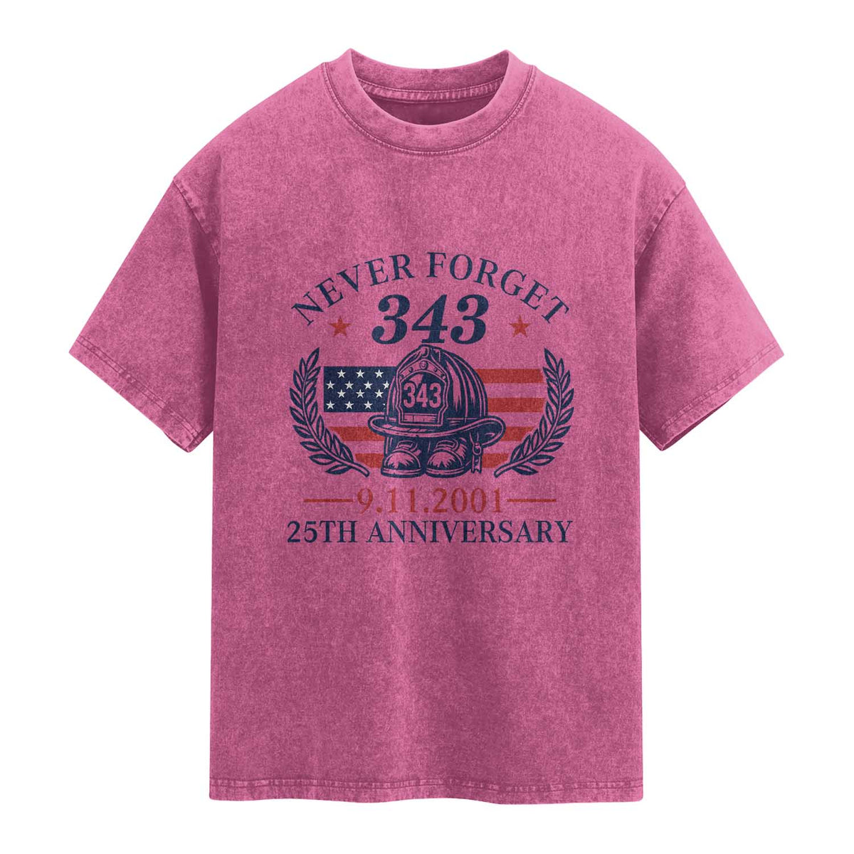 Firefighter Memorial Never Forget 343 Washed Cotton T-Shirt 25th Anniversary Patriotic Honor 9 11 Tribute
