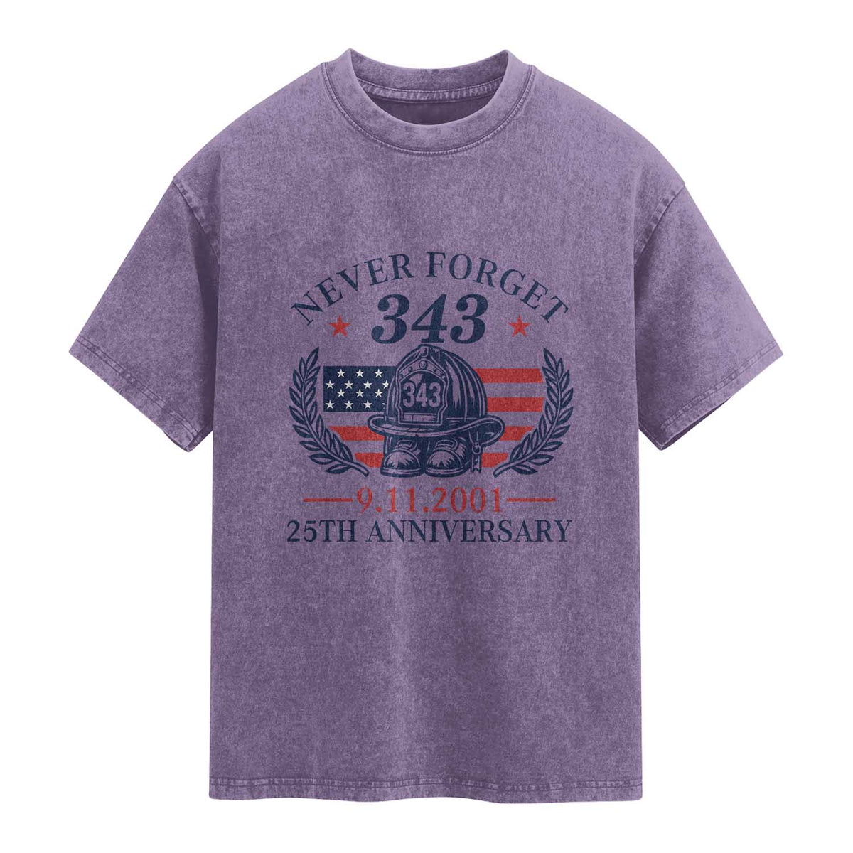 Firefighter Memorial Never Forget 343 Washed Cotton T-Shirt 25th Anniversary Patriotic Honor 9 11 Tribute