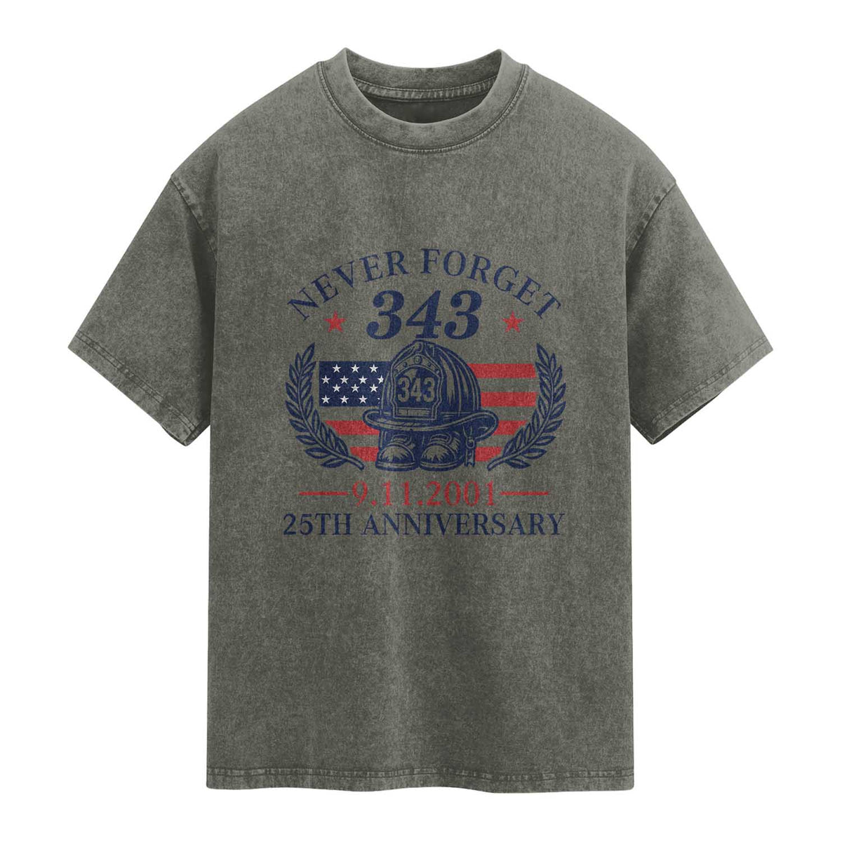 Firefighter Memorial Never Forget 343 Washed Cotton T-Shirt 25th Anniversary Patriotic Honor 9 11 Tribute