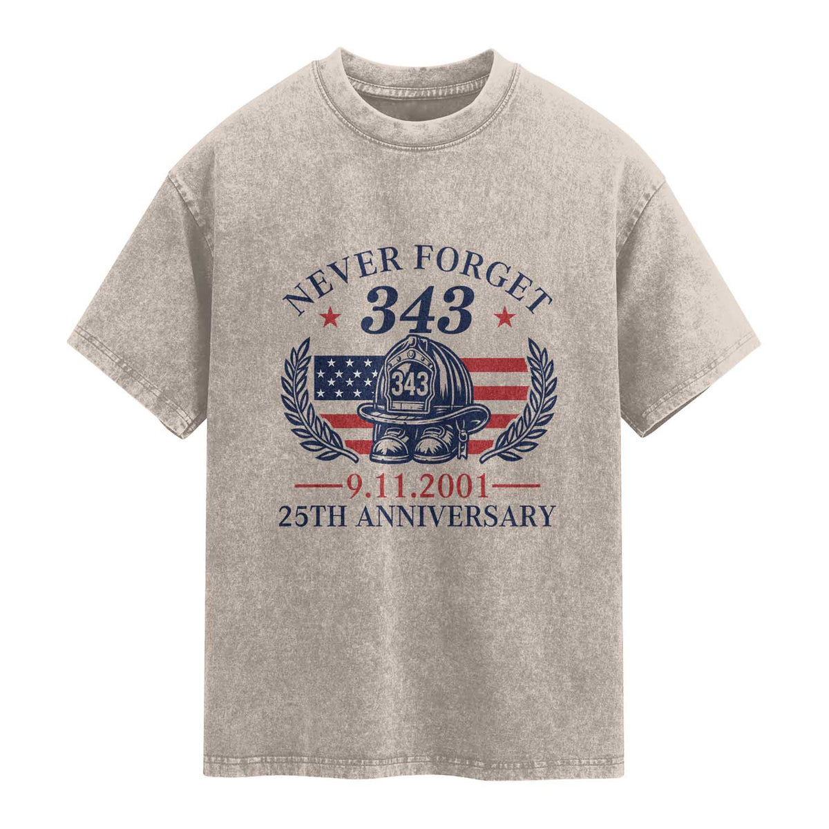 Firefighter Memorial Never Forget 343 Washed Cotton T-Shirt 25th Anniversary Patriotic Honor 9 11 Tribute