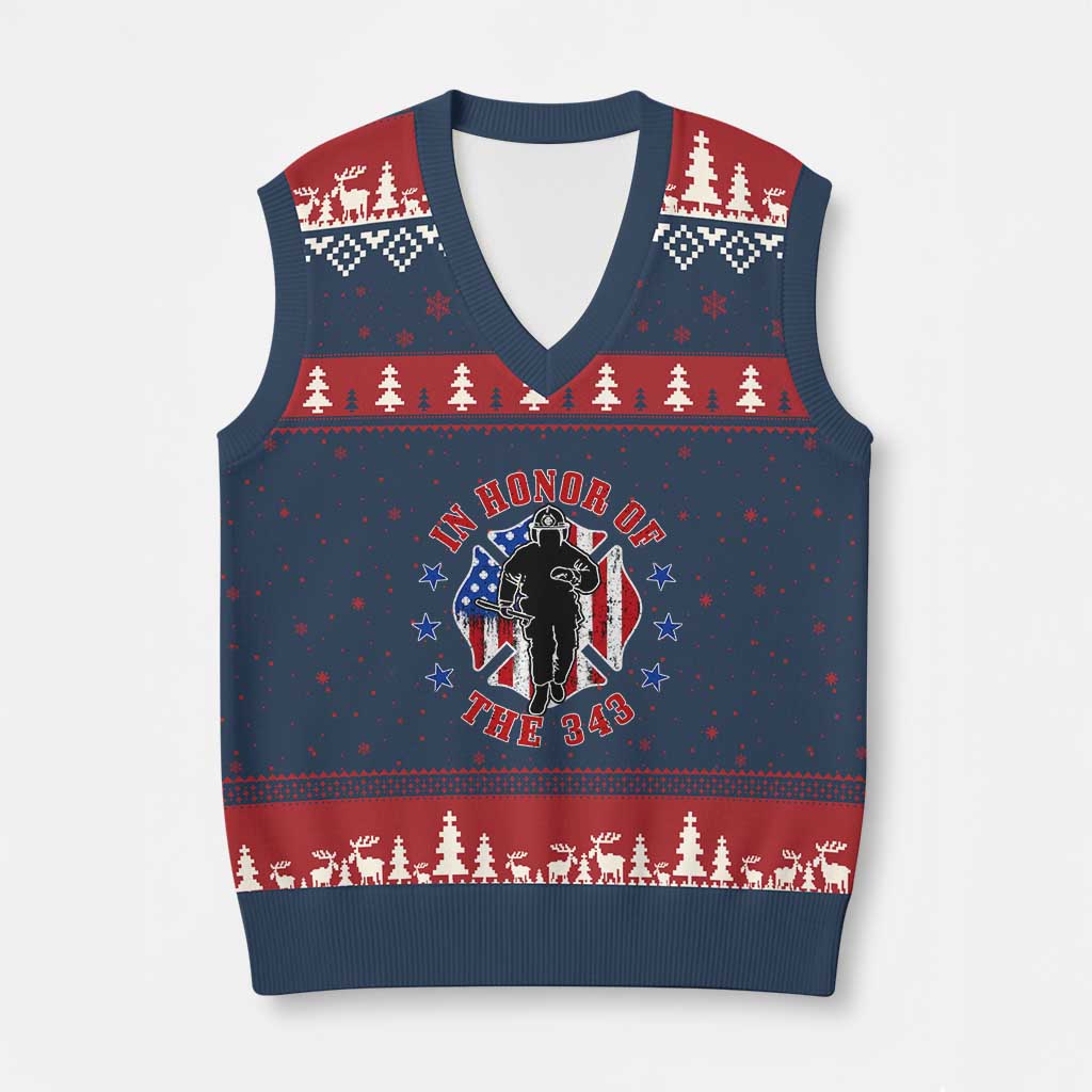 Firefighter Memorial In Honor Of The 343 Maltese Cross Graphic V-Neck Knit Sweater Vest Patriotic 9 11 Memorial Tribute