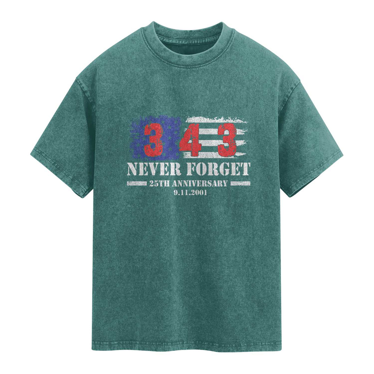 Firefighter Memorial 343 Never Forget American Flag Washed Cotton T-Shirt 25th Anniversary Patriotic Honor 9 11 Tribute