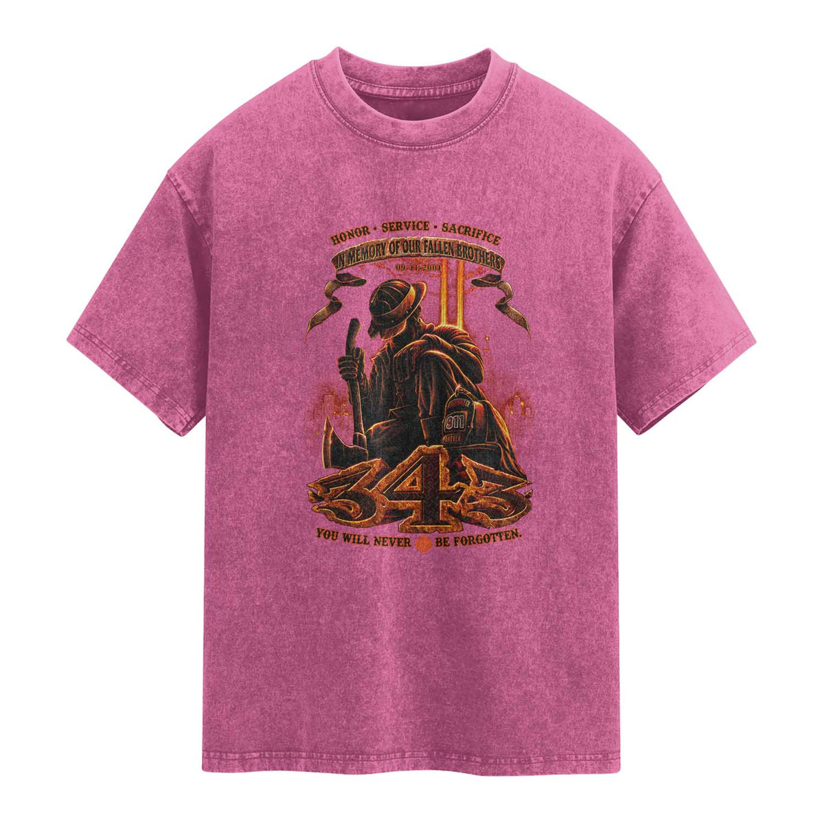 Firefighter Memorial Honor Service Sacrifice 343 Washed Cotton T-Shirt In Memory Of Fallen Brothers Patriotic 9 11 Tribute