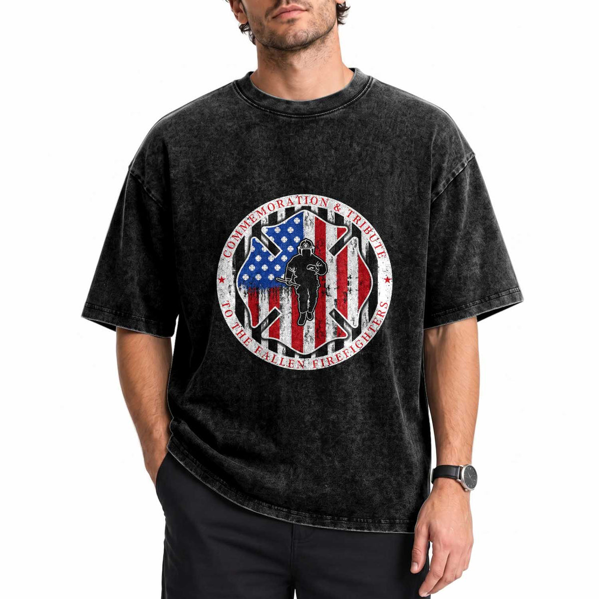 Commemoration Tribute Fallen Firefighters 9 11 Memorial Washed Cotton T-Shirt Maltese Cross Patriotic Honor Fallen Brothers