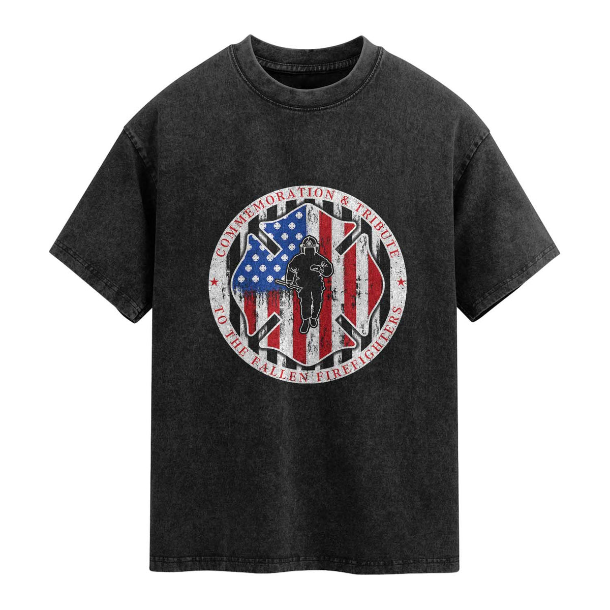 Commemoration Tribute Fallen Firefighters 9 11 Memorial Washed Cotton T-Shirt Maltese Cross Patriotic Honor Fallen Brothers