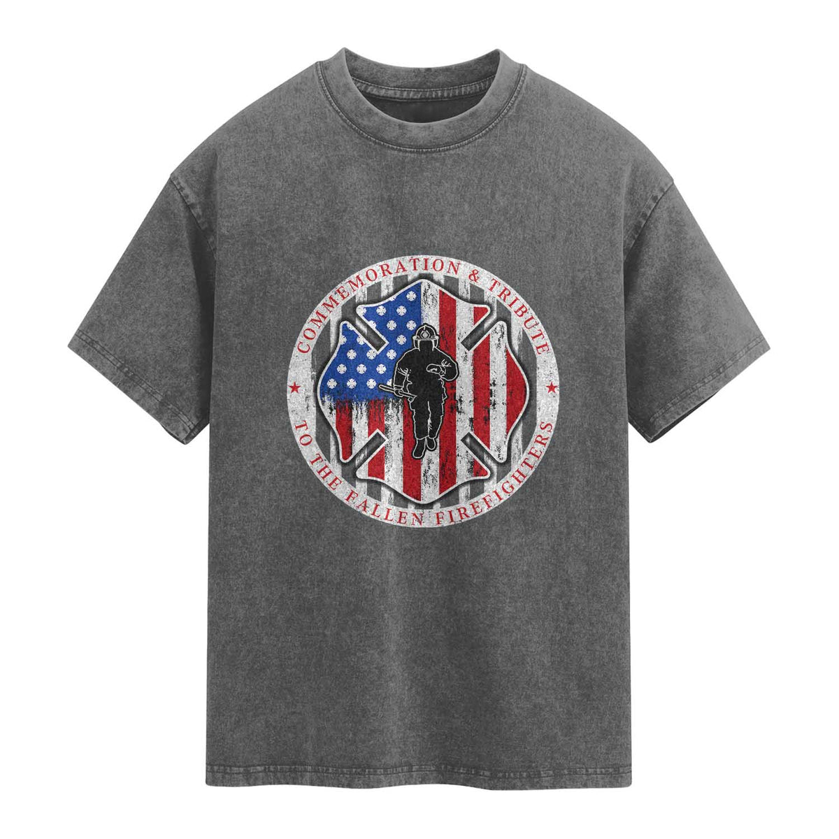 Commemoration Tribute Fallen Firefighters 9 11 Memorial Washed Cotton T-Shirt Maltese Cross Patriotic Honor Fallen Brothers