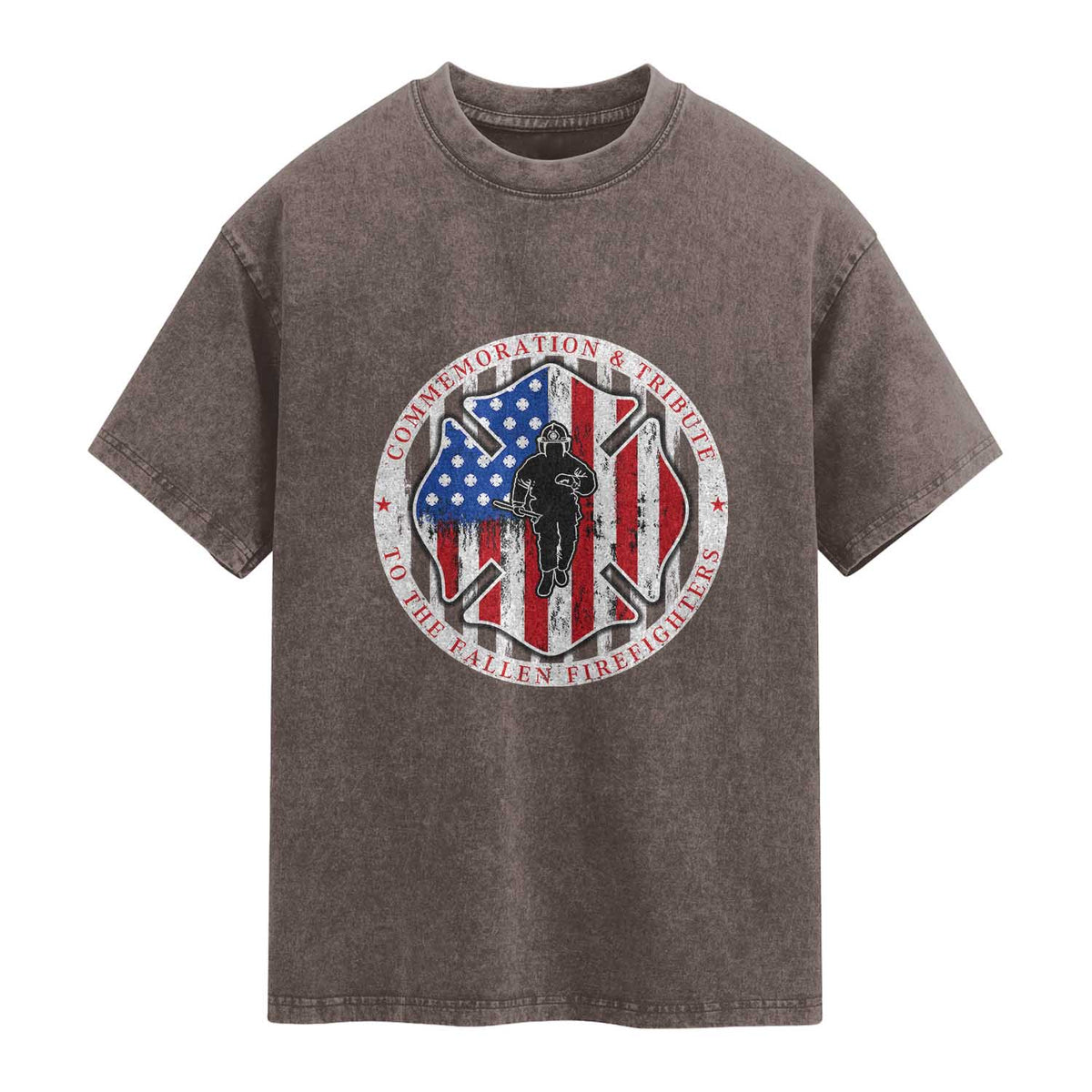 Commemoration Tribute Fallen Firefighters 9 11 Memorial Washed Cotton T-Shirt Maltese Cross Patriotic Honor Fallen Brothers