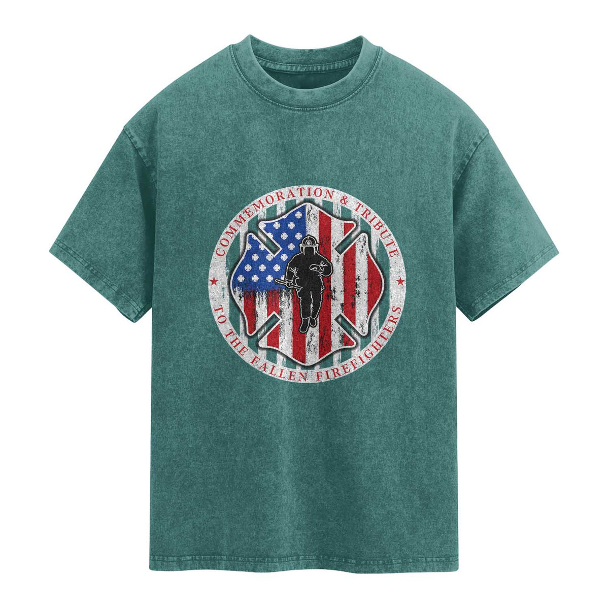 Commemoration Tribute Fallen Firefighters 9 11 Memorial Washed Cotton T-Shirt Maltese Cross Patriotic Honor Fallen Brothers