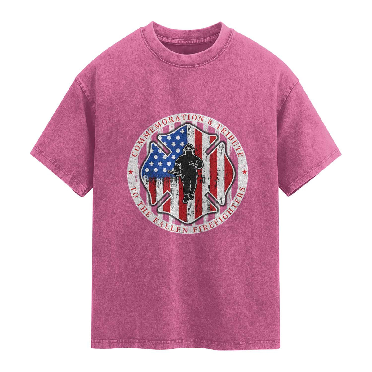 Commemoration Tribute Fallen Firefighters 9 11 Memorial Washed Cotton T-Shirt Maltese Cross Patriotic Honor Fallen Brothers