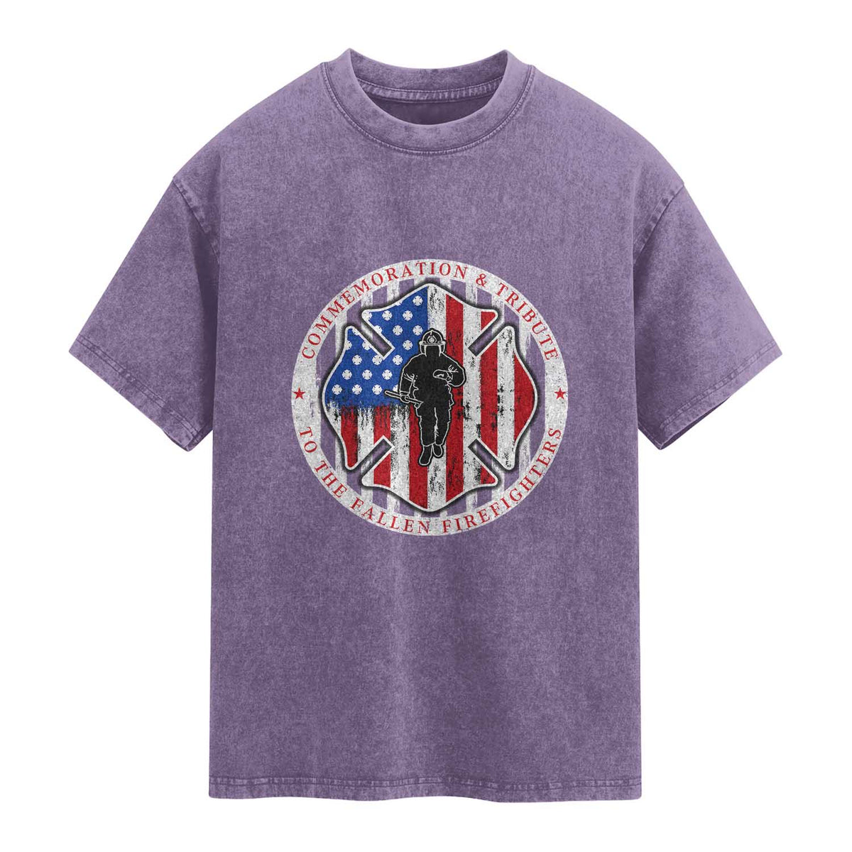 Commemoration Tribute Fallen Firefighters 9 11 Memorial Washed Cotton T-Shirt Maltese Cross Patriotic Honor Fallen Brothers
