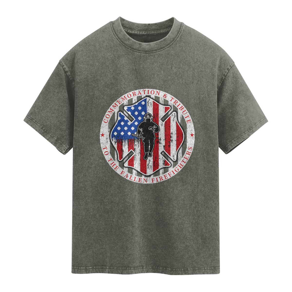 Commemoration Tribute Fallen Firefighters 9 11 Memorial Washed Cotton T-Shirt Maltese Cross Patriotic Honor Fallen Brothers