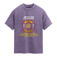 Jesus The Original Firefighter Christian Faith Washed Cotton T-Shirt Keeping People From Burning First Responder