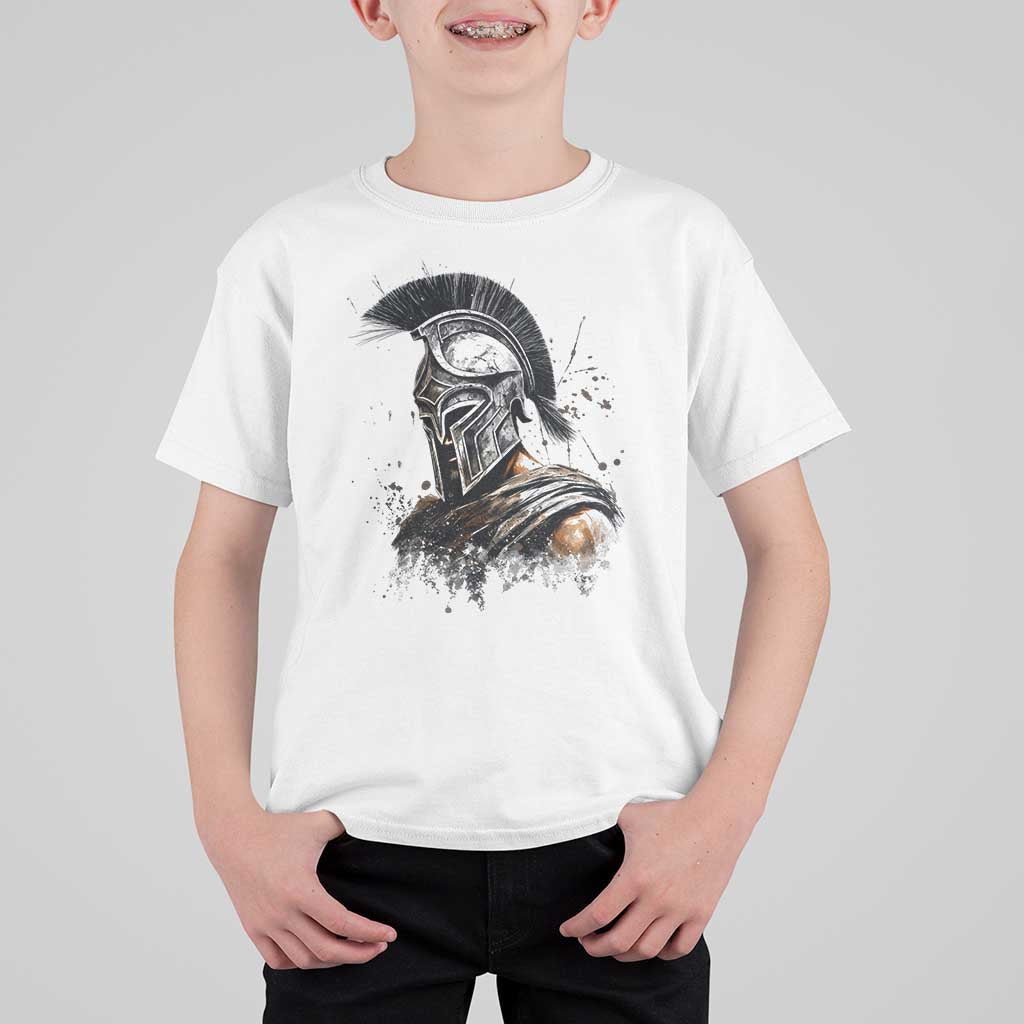 Ancient Spartan Warrior Watercolor Splatter Graphic T Shirt For Kid Greek Mythology Enthusiast History Gift