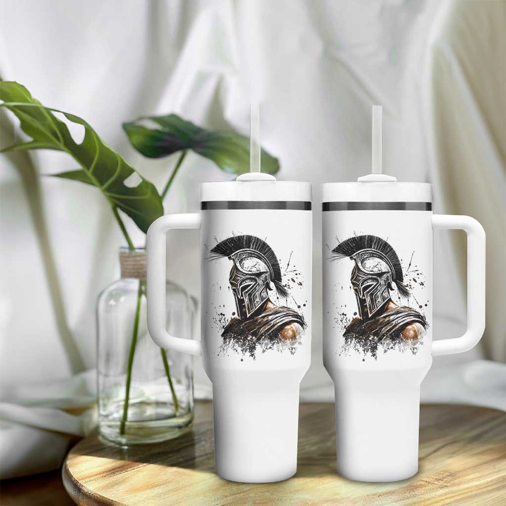 Ancient Spartan Warrior Watercolor Splatter Graphic Tumbler With Handle Greek Mythology Enthusiast History Gift