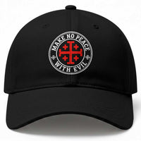 Make No Peace With Evil Jerusalem Cross Baseball Cap Christian Warrior Crusader Emblem Graphic