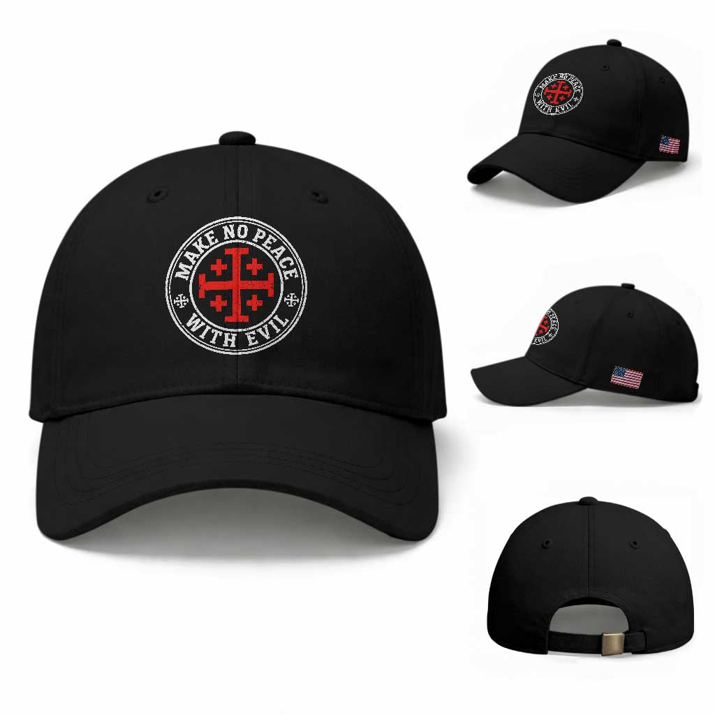Make No Peace With Evil Jerusalem Cross Baseball Cap Christian Warrior Crusader Emblem Graphic