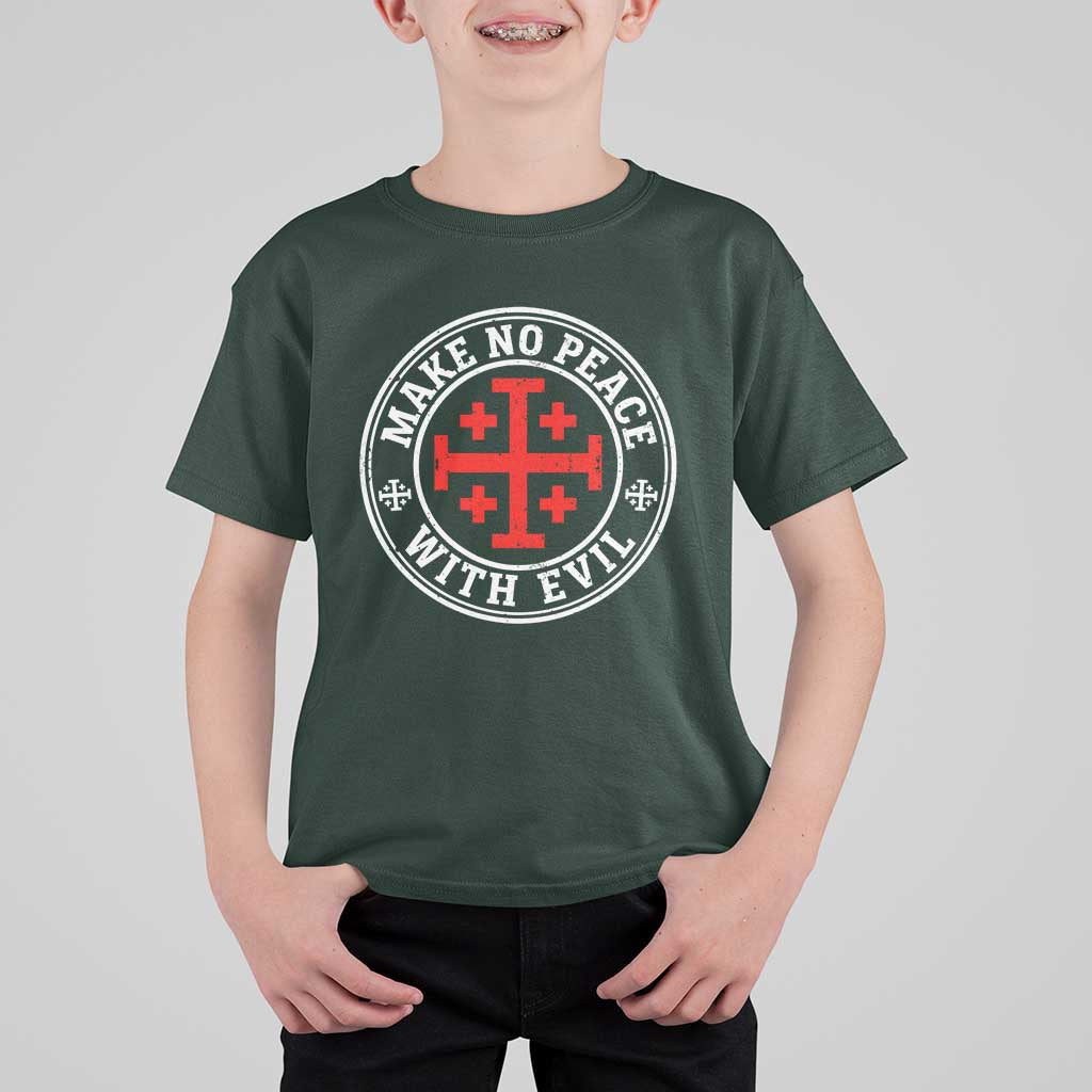 Make No Peace With Evil Jerusalem Cross T Shirt For Kid Christian Warrior Crusader Emblem Graphic