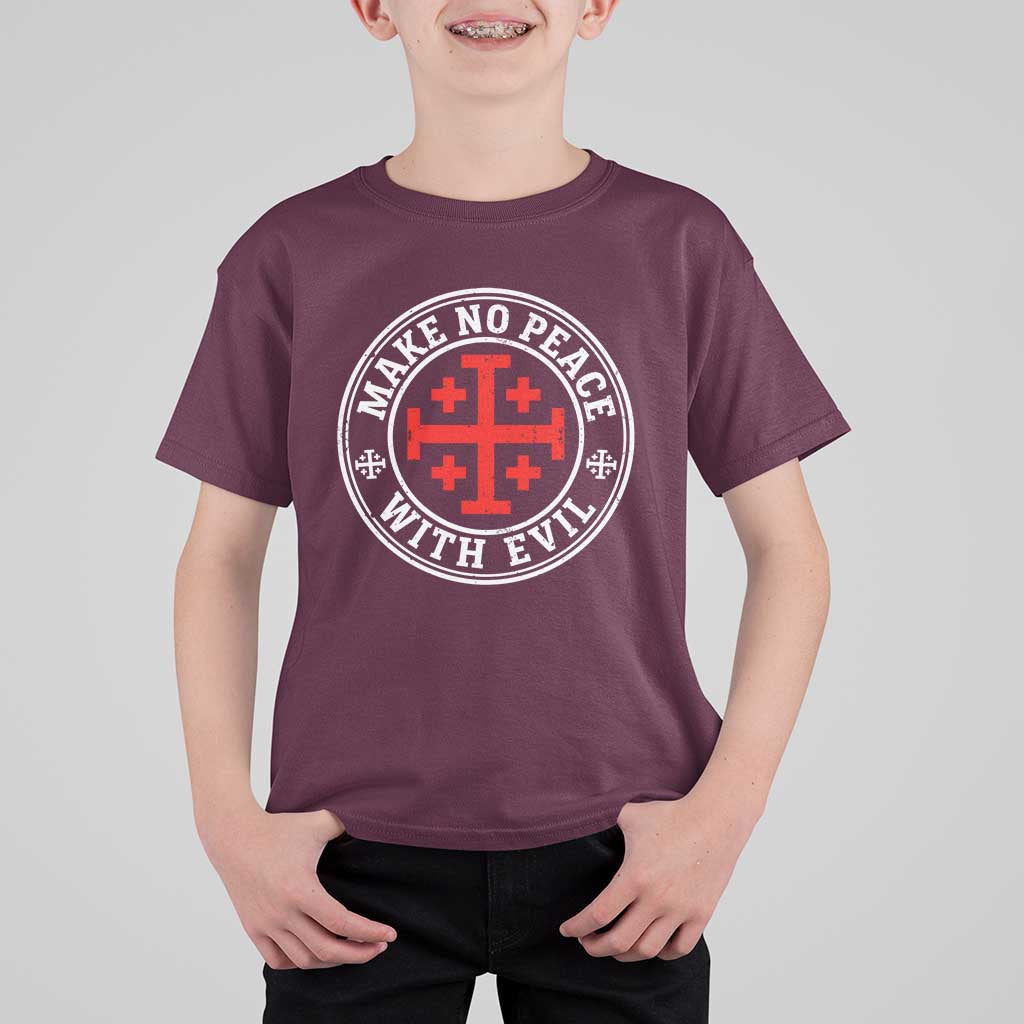 Make No Peace With Evil Jerusalem Cross T Shirt For Kid Christian Warrior Crusader Emblem Graphic