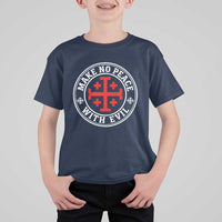 Make No Peace With Evil Jerusalem Cross T Shirt For Kid Christian Warrior Crusader Emblem Graphic