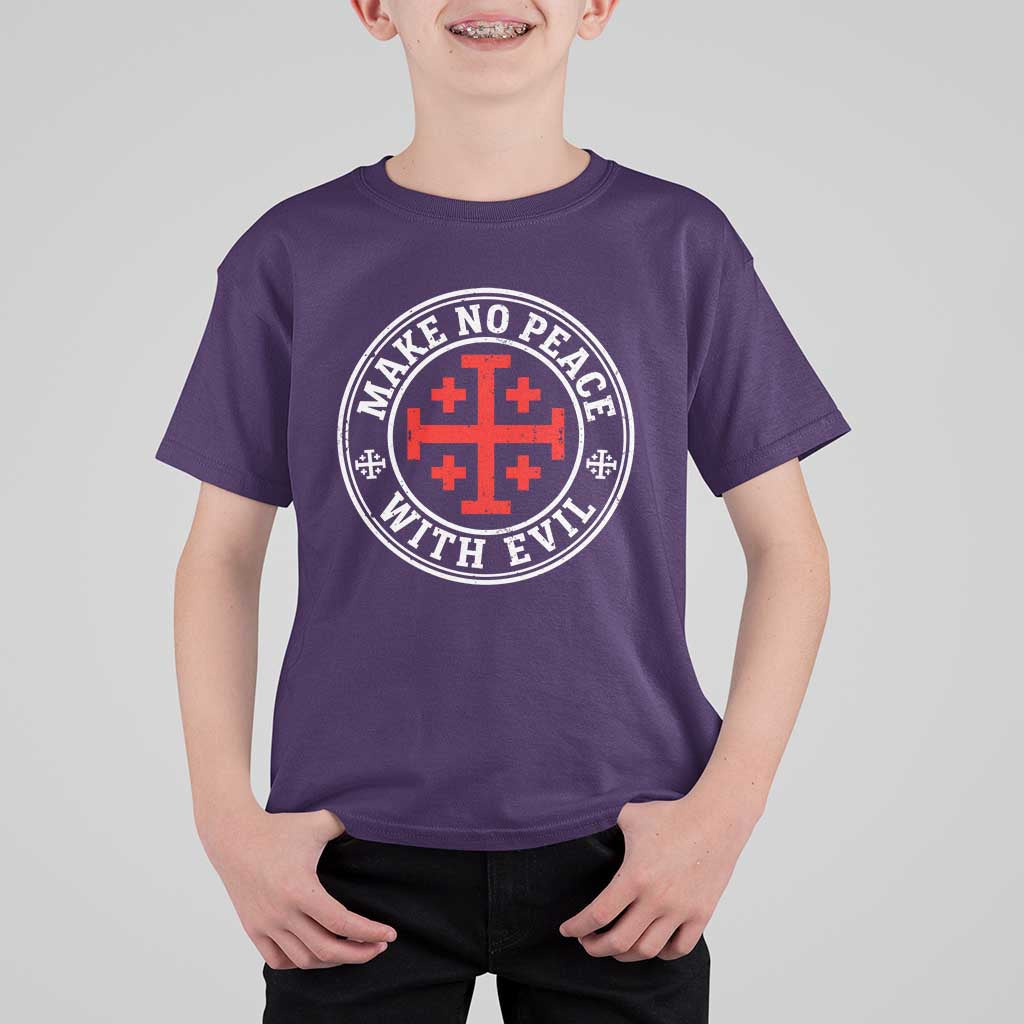Make No Peace With Evil Jerusalem Cross T Shirt For Kid Christian Warrior Crusader Emblem Graphic