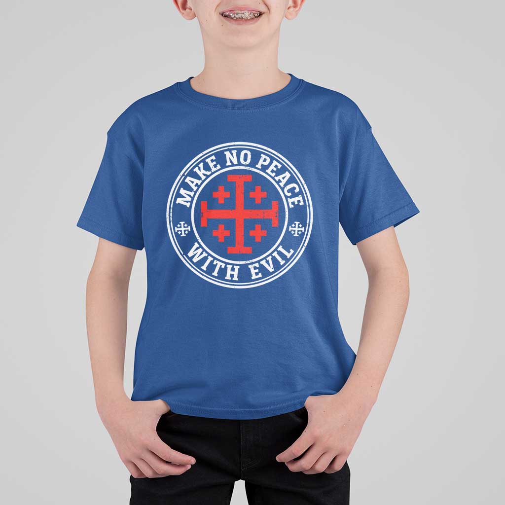 Make No Peace With Evil Jerusalem Cross T Shirt For Kid Christian Warrior Crusader Emblem Graphic