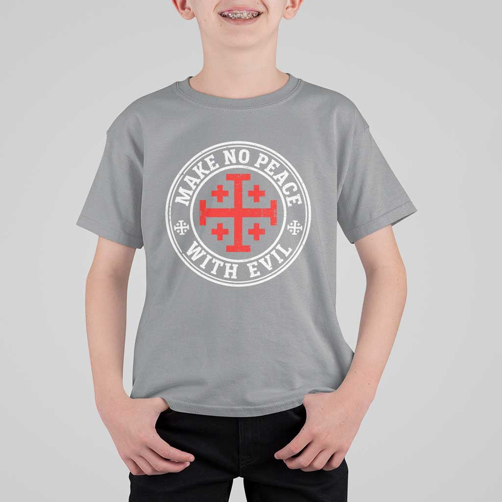 Make No Peace With Evil Jerusalem Cross T Shirt For Kid Christian Warrior Crusader Emblem Graphic