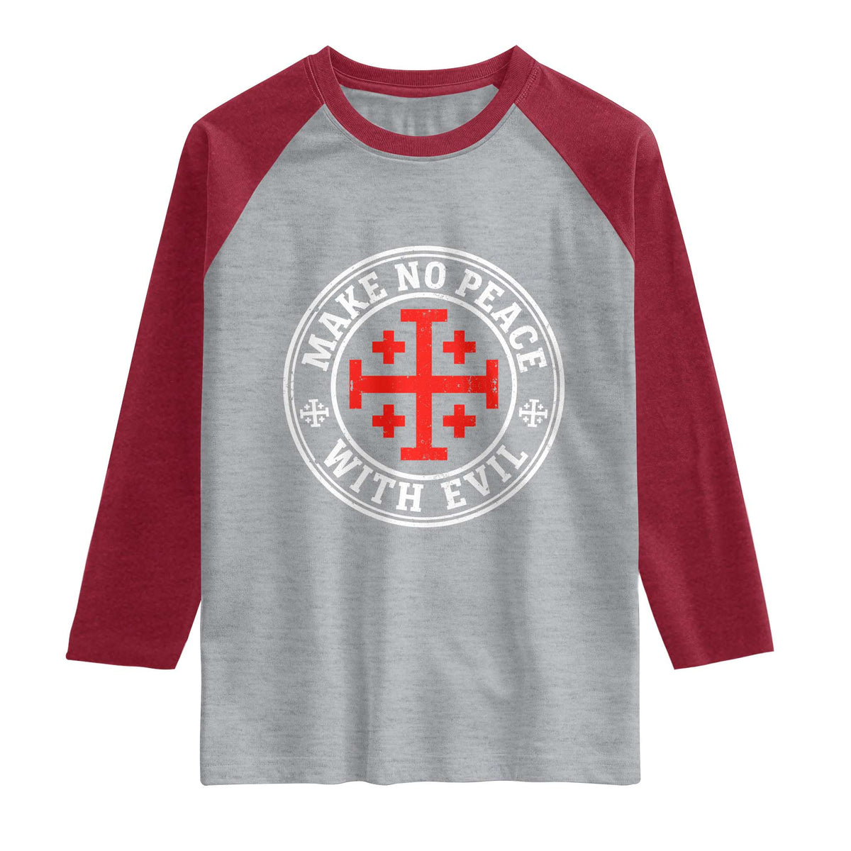 Make No Peace With Evil Jerusalem Cross Raglan Shirt Christian Warrior Crusader Emblem Graphic