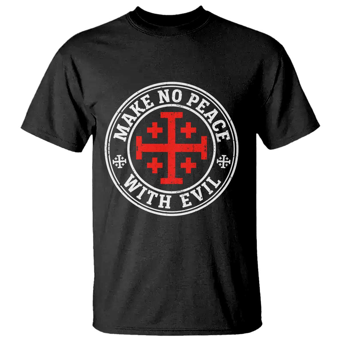 Make No Peace With Evil Jerusalem Cross T Shirt Christian Warrior Crusader Emblem Graphic