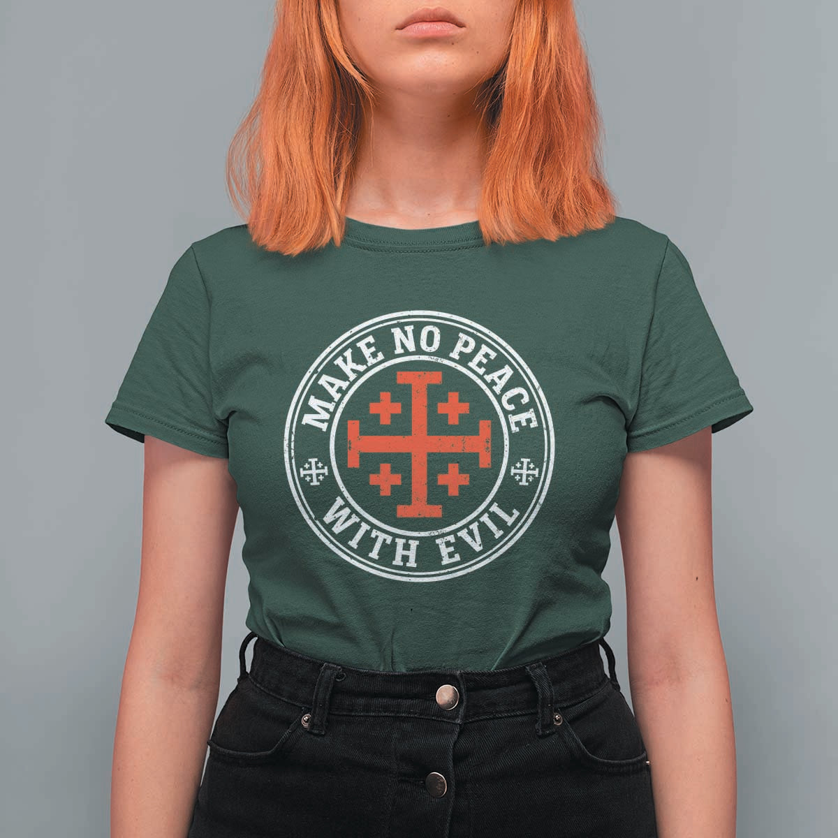 Make No Peace With Evil Jerusalem Cross T Shirt For Women Christian Warrior Crusader Emblem Graphic