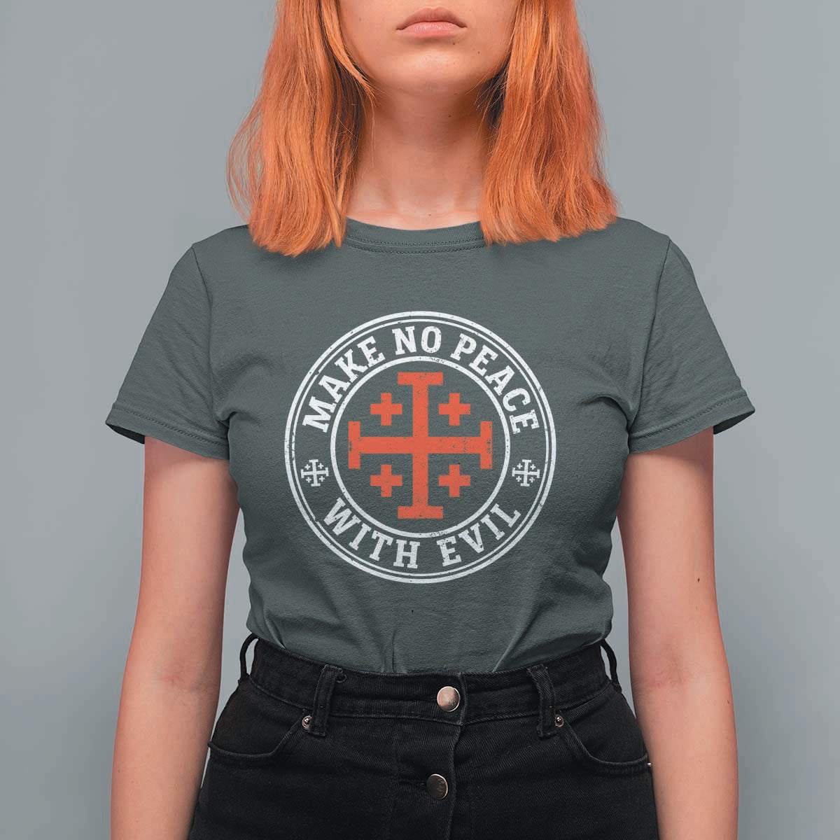Make No Peace With Evil Jerusalem Cross T Shirt For Women Christian Warrior Crusader Emblem Graphic