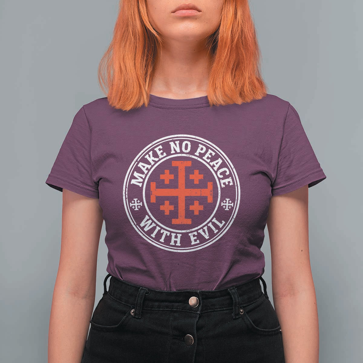Make No Peace With Evil Jerusalem Cross T Shirt For Women Christian Warrior Crusader Emblem Graphic