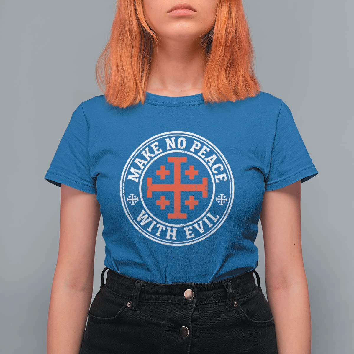 Make No Peace With Evil Jerusalem Cross T Shirt For Women Christian Warrior Crusader Emblem Graphic
