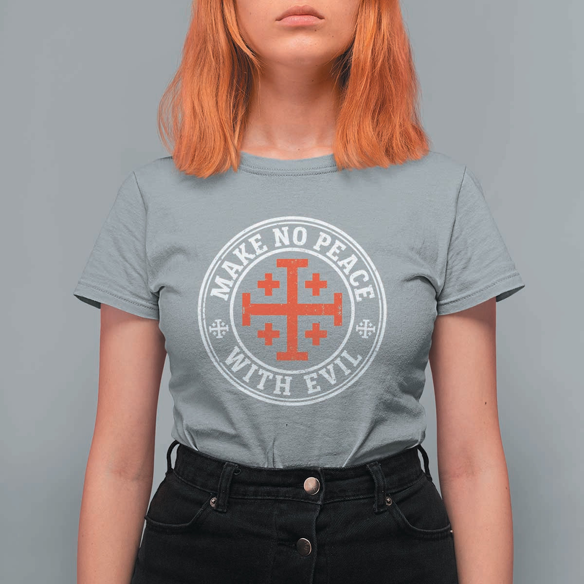 Make No Peace With Evil Jerusalem Cross T Shirt For Women Christian Warrior Crusader Emblem Graphic