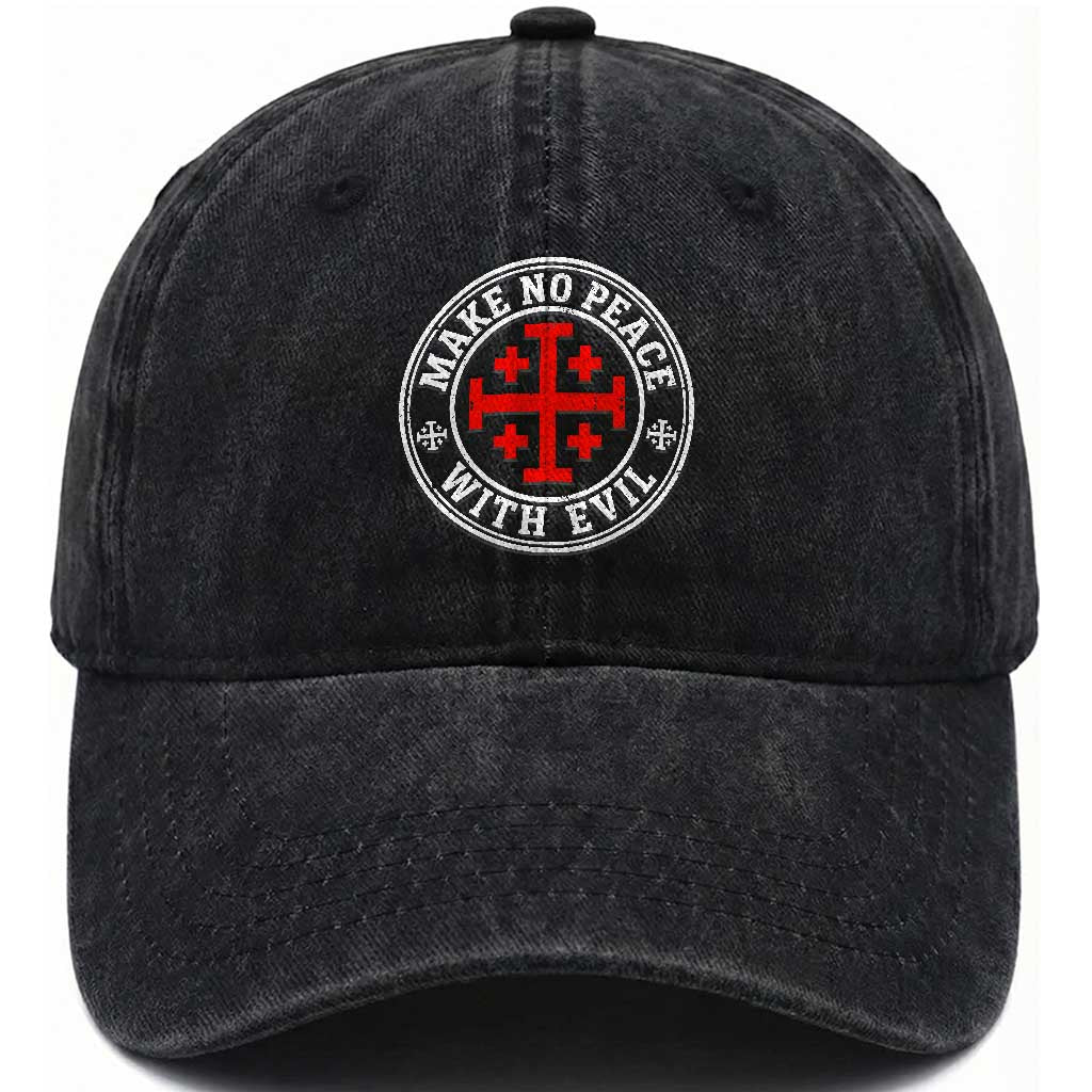 Make No Peace With Evil Jerusalem Cross Washed Cotton Baseball Cap Christian Warrior Crusader Emblem Graphic