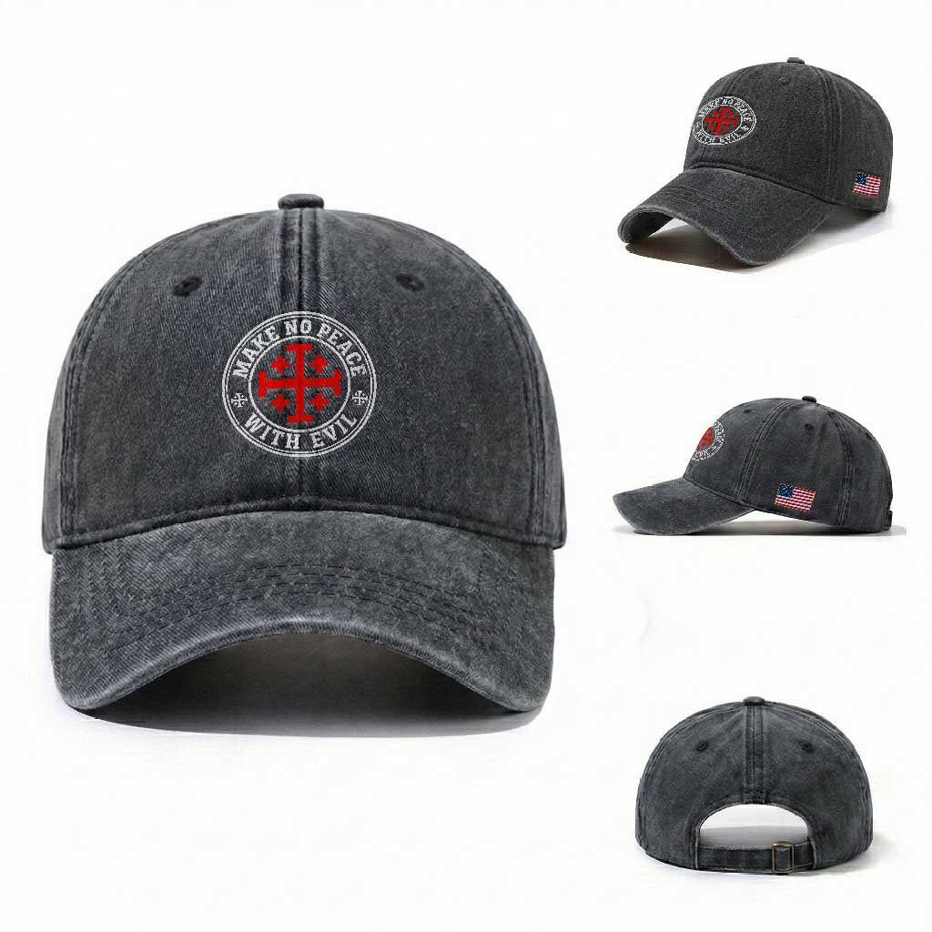 Make No Peace With Evil Jerusalem Cross Washed Cotton Baseball Cap Christian Warrior Crusader Emblem Graphic