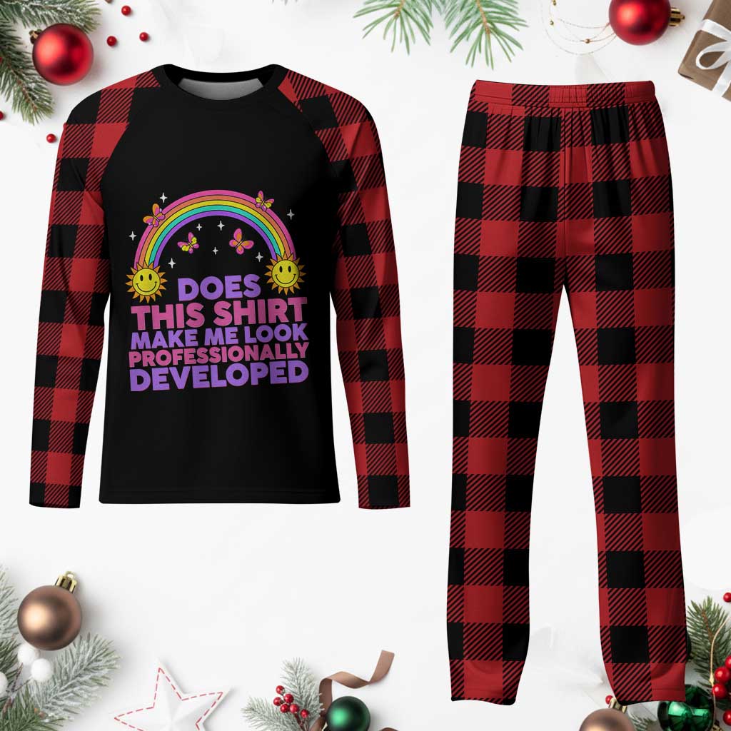 Does This Shirt Make Me Look Professionally Developed Plaid Pajama Set Retro Rainbow Butterfly Sarcastic Professional Development PD Humor