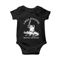 Funny Goblincore Sword Frog Riding Alligator Meme Baby Onesie I Will Succeed Because I Am Insane Chaotic Motivation