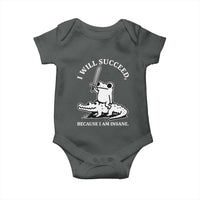 Funny Goblincore Sword Frog Riding Alligator Meme Baby Onesie I Will Succeed Because I Am Insane Chaotic Motivation