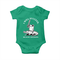 Funny Goblincore Sword Frog Riding Alligator Meme Baby Onesie I Will Succeed Because I Am Insane Chaotic Motivation