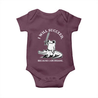Funny Goblincore Sword Frog Riding Alligator Meme Baby Onesie I Will Succeed Because I Am Insane Chaotic Motivation