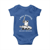 Funny Goblincore Sword Frog Riding Alligator Meme Baby Onesie I Will Succeed Because I Am Insane Chaotic Motivation