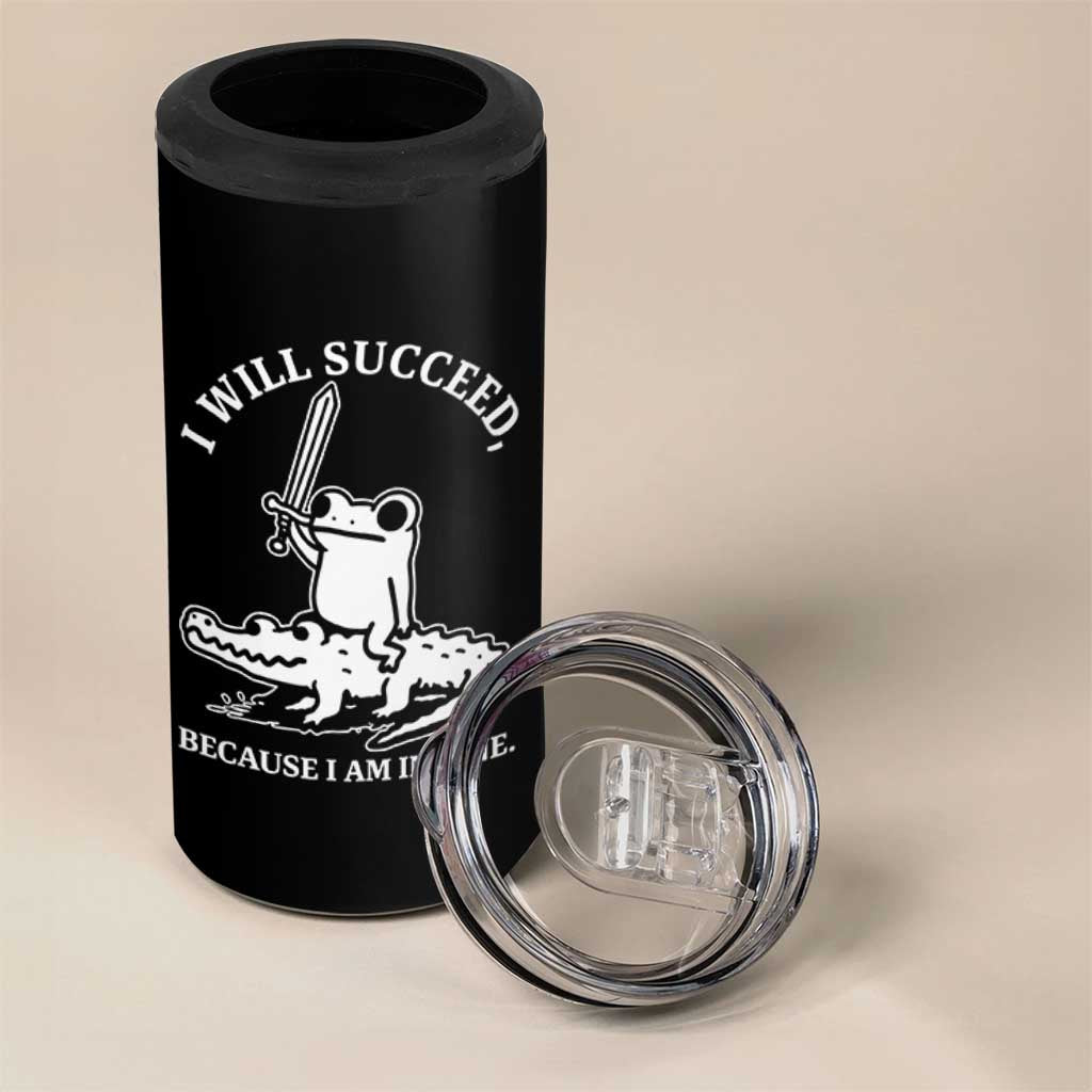 Funny Goblincore Sword Frog Riding Alligator Meme 4 in 1 Can Cooler Tumbler I Will Succeed Because I Am Insane Chaotic Motivation