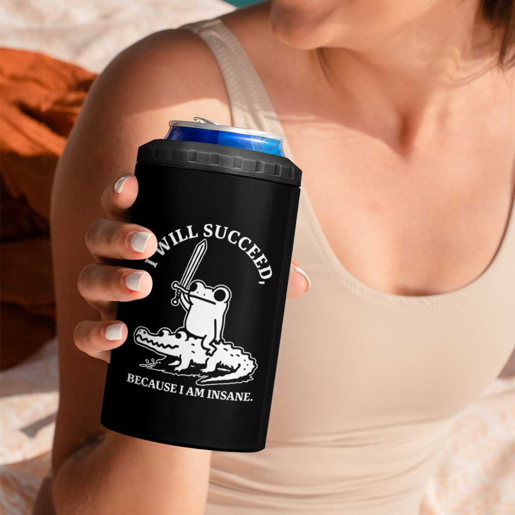 Funny Goblincore Sword Frog Riding Alligator Meme 4 in 1 Can Cooler Tumbler I Will Succeed Because I Am Insane Chaotic Motivation